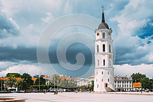Vilnius, Lithuania. Bell Tower Of Cathedral Basilica Of St. Stanislaus And St. Vladislav On Cathedral Square, Famous
