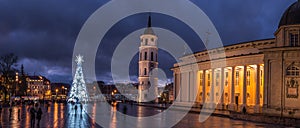 Vilnius, Lithuania Cathedral Square, Christmas time at 2021 end of a year.