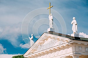 Vilnius Lithuania. Close Pediment Of Cathedral Basilica Of St. Stanislaus