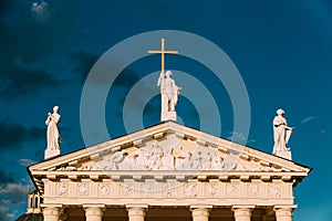 Vilnius Lithuania. Close Pediment Of Cathedral Basilica Of St. Stanislaus, St. Vladislav With Three Statues - St. Elena