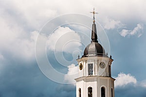 Vilnius, Lithuania. Close Up View Of Bell Tower Of Cathedral Basilica