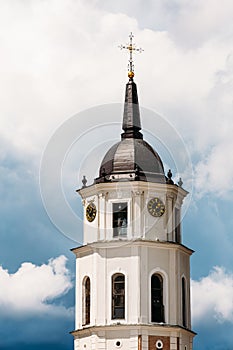 Vilnius, Lithuania. Close Up View Of Bell Tower Of Cathedral Basilica