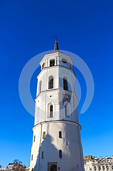 Vilnius, Lithuania. Close Up View Of Bell Tower Of Cathedral Basilica Of St. Stanislaus And St. Vladislav On Cathedral