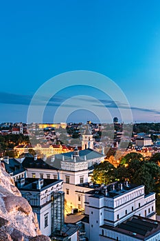 Vilnius, Lithuania, Eastern Europe. Aerial View Of Historic Center Cityscape In Blue Hour After Sunset. Old Town In