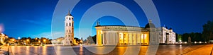 Vilnius, Lithuania, Eastern Europe. Evening Night Panorama Of Bell Tower Belfry, Cathedral Basilica Of St. Stanislaus