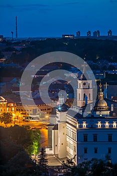 Vilnius, Lithuania, Eastern Europe. Historic Center Cityscape In Blue Hour After Sunset. Travel View Of Old Town In