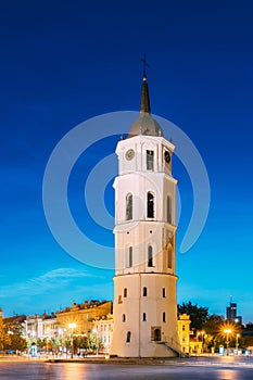 Vilnius, Lithuania. Evening Night View Of Bell Tower Belfry Of Vilnius Cathedral At The Cathedral Square In Twilight.