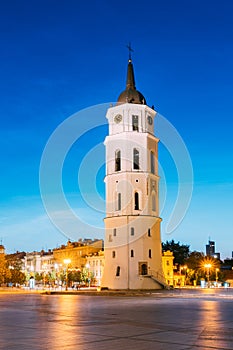 Vilnius, Lithuania. Evening Night View Of Bell Tower Belfry Of Vilnius Cathedral At The Cathedral Square In Twilight