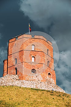 Vilnius, Lithuania. Famous Tower Of Gediminas Or Gedimino In Historic Center. Upper Vilnius Castle Complex In Old Town