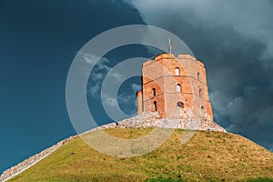 Vilnius, Lithuania. Famous Tower Of Gediminas Or Gedimino In Historic Center. Upper Vilnius Castle Complex In Old Town