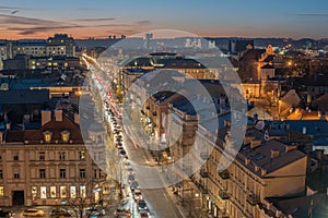 Vilnius, Lithuania: Gediminas avenue in the sunset