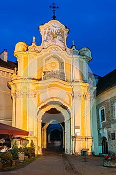 Vilnius Lithuania. Illuminated Gate Of Basilian Monastery In Baroque Style photo