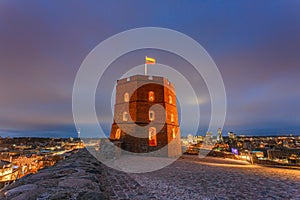 VILNIUS, LITHUANIA - JANUARY 07: Tower of Gediminas castle in the red evening light, symbol of Vilnius city on JANUARY