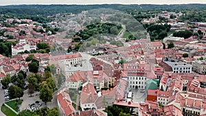 VILNIUS, LITHUANIA - JULY, 2019: Aerial panorama view of the old city centre with medieval churches of Vilnius.