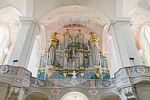 Vilnius, Lithuania - May 05, 2017: musical organ inside Church of St. Johns.