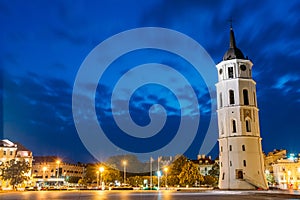 Vilnius, Lithuania. Night Or Evening View Of Bell Tower Near Cathedral At The Cathedral Square