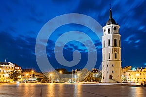 Vilnius, Lithuania. Night Or Evening View Of Bell Tower Near Cathedral Square.