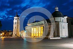 Vilnius, Lithuania. Night Or Evening View OF Cathedral Basilica