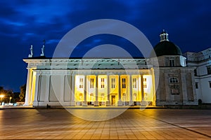 Vilnius, Lithuania. Night Or Evening View OF Cathedral Basilica