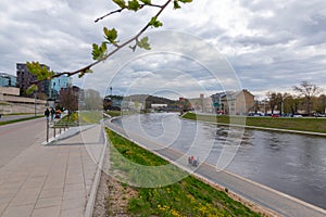 Vilnius, Lithuania . Panoramic view of the riverside and Gediminas Tower visible in distance.