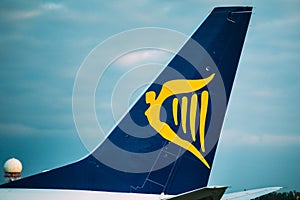 Logo Logotype Sign Of Irish Low-cost Airline Ryanair On Wing Of