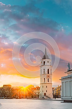 Vilnius, Lithuania During Sunset On Cathedral Square View Of Bell Tower And Cathedral Basilica Of St. Stanislaus And St