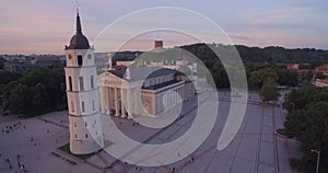 Vilnius Old Town Cathedral Square and Hill of Three Crosses in Background. Lithuania. Sunset Time Light