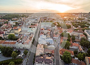 Vilnius Old Town And Gediminas Avenue. Lithuania, Sunset Sky.