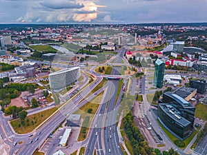 Vilnius traffic in the evening light, aerial