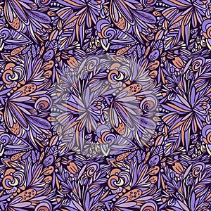 vilolet and orange flower and leaves line seamless pattern for your design.