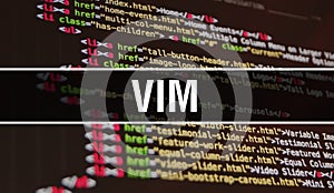 VIM concept illustration using code for developing programs and app. VIM website code with colourful tags in browser view on dark