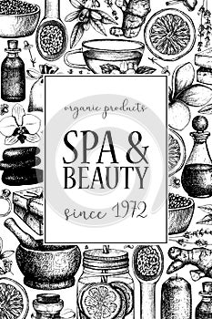 Vinatge dframe with hand drawn SPA and beauty illustrations. Vintage Cosmetics and aromatical ingredients background. Vector templ photo