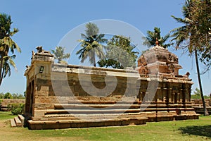 Vinayaka hall side view with sculptures in the Brihadisvara Temple in Gangaikonda Cholapuram, india.