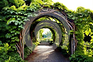 vine covered archway an ornate iron archway is overrun with vine photo