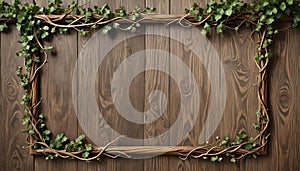 Vine frame with wooden background. Free center for text and pictures.