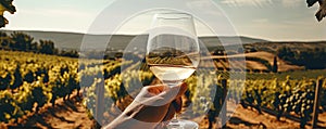 Vine glass in hand in sunset light. Vine degustation or tasting quality grapes in vineyard