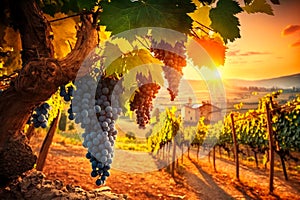 Vine grown, ripe wine grapes in Tuscany, Italy. Beautiful winery and vineyard. Sunlight at sunset.