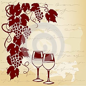 Vine and wine glasses on a vintage background