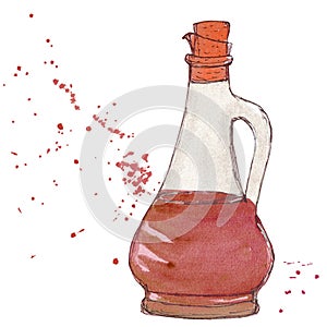 Vinegar bottle with cork and splashes of vinegar balsamic sauce. photo