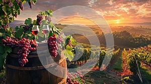 The vineyard barrel at sunset..AI generated image