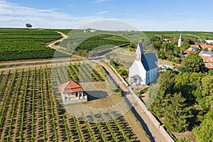 A vineyard cottage and a church