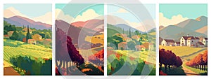 Vineyard farm village landscape flat colors posters