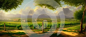 Vineyard Field on hills vector illustration. Artistic landscape with growing