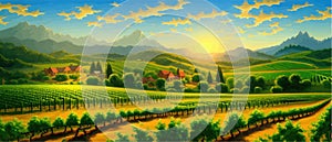 Vineyard Field on hills vector illustration. Artistic landscape with growing