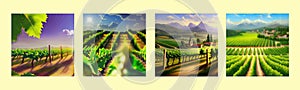 Vineyard Field on hills vector illustration. Artistic landscape with growing