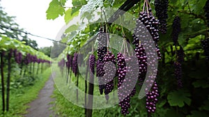 Vineyard Grapes Rain Lush Green Rows Farming