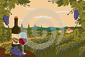 Vineyard landscape with grape tree field and winery farm on background. Red wine bottle with glass. Hand draw vector