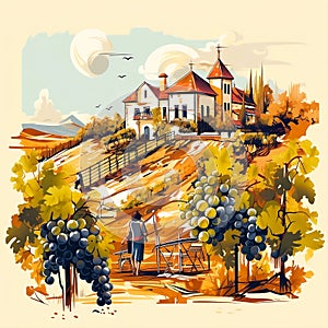 Vinice zrnko vína strom a vínne pivnice na. ručně malované ilustrácie plagát 