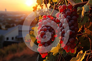 A vineyard landscape with ripe grape clusters in the warm sunset light