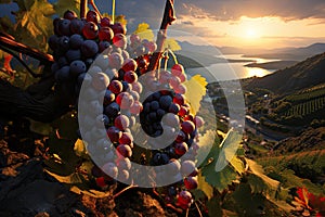 A vineyard landscape with ripe grape clusters in the warm sunset light